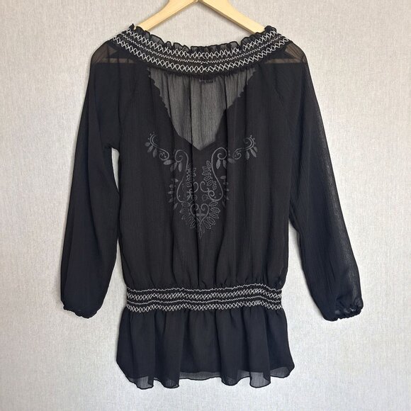 💙 Charming Charlie Sheer Blouse Smocked Waist Size M/L Boho Y2K Cottage Hippie - Picture 7 of 8